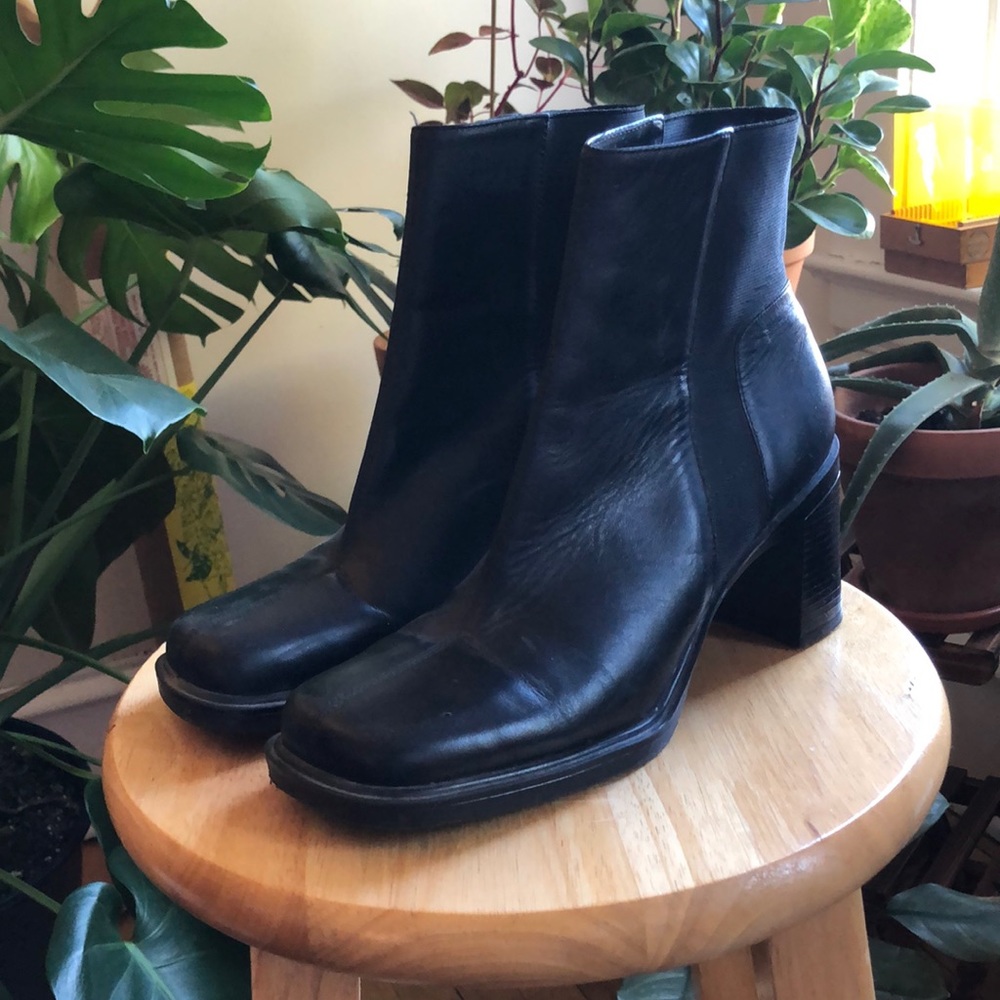 vintage black square-toed leather boots